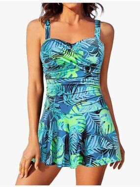 Womens Large One-Piece Swim Dress Tummy Control Swimsuit in Tropical Leaf Print